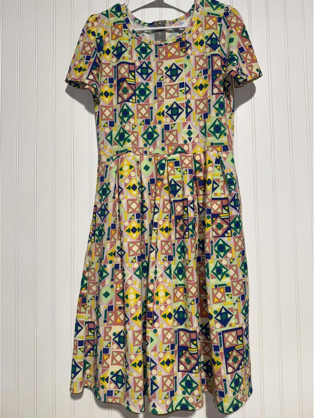 LuLaRoe Amelia Pleated Dress Geometric Print Back Zip Pockets Womens Size L